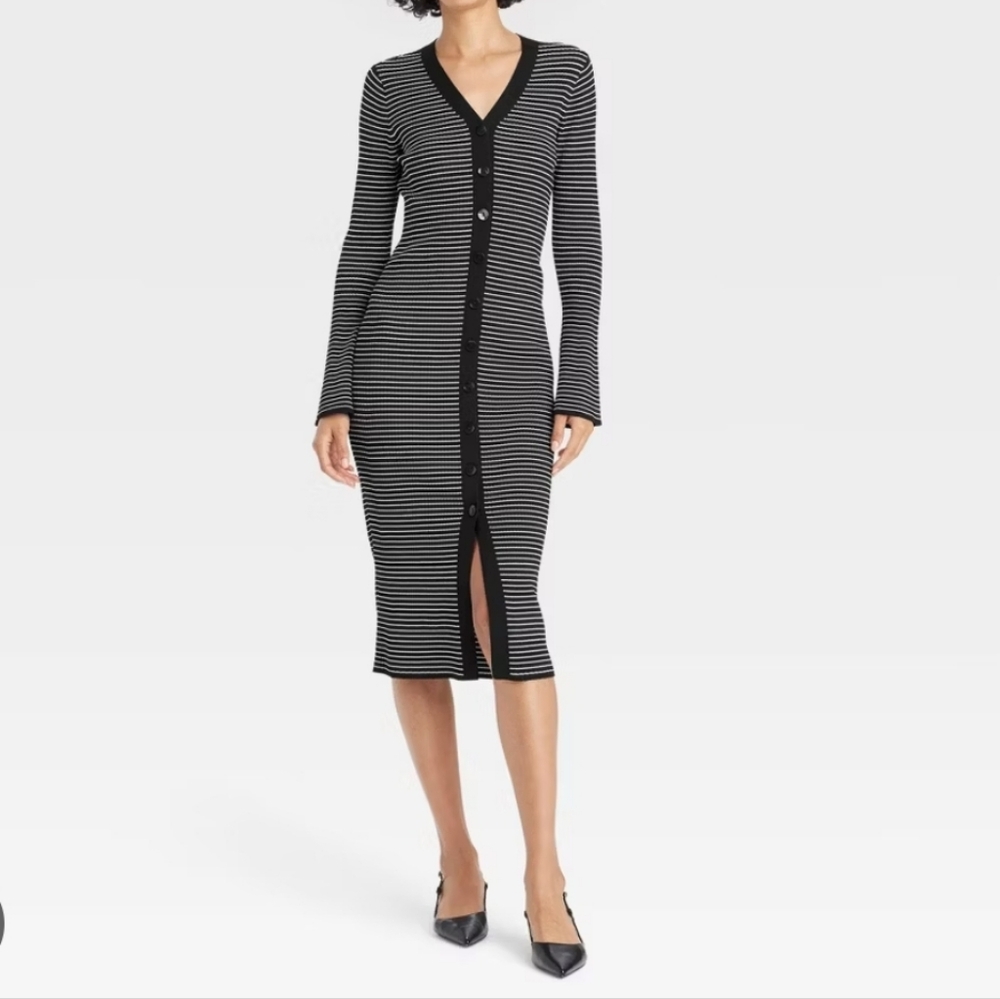 a new day Black and White Striped Long Sleeve Dress
